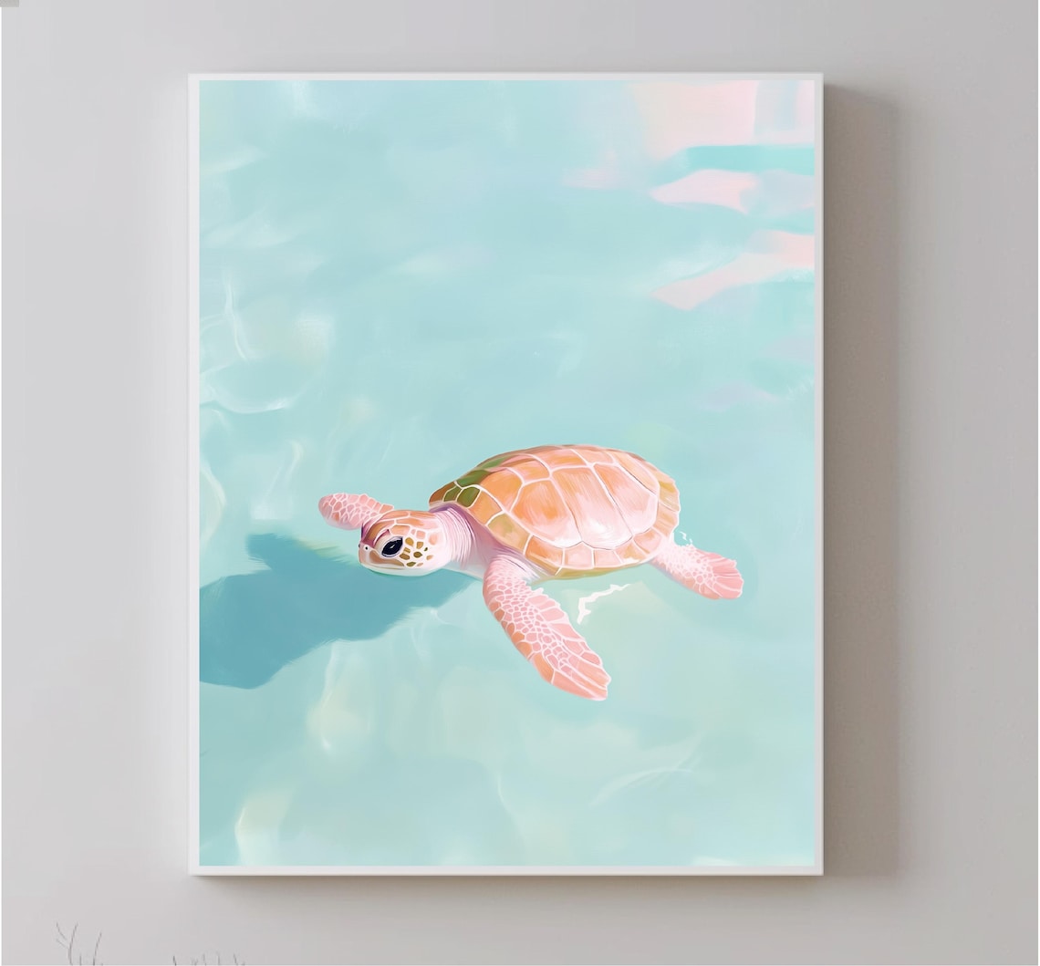 Baby Sea Turtle Swimming In Turquoise Water Pastel Ocean Art Poster