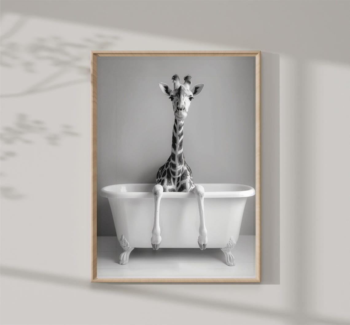 Baby Giraffe Sitting In White Bathtub Black White Photo Print