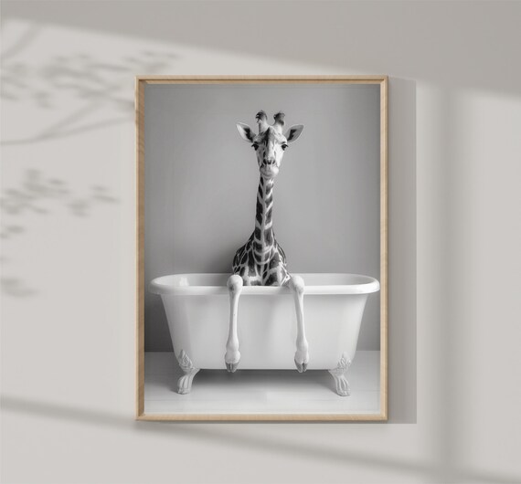 Baby Giraffe Sitting In White Bathtub Black White Photo Print