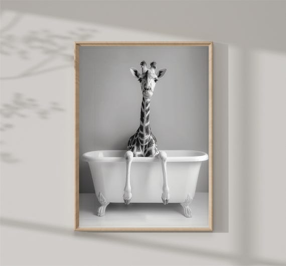 Cute Baby Giraffe In Tub Wall Art Giraffe Photo Giraffe Art Bathroom Art Print