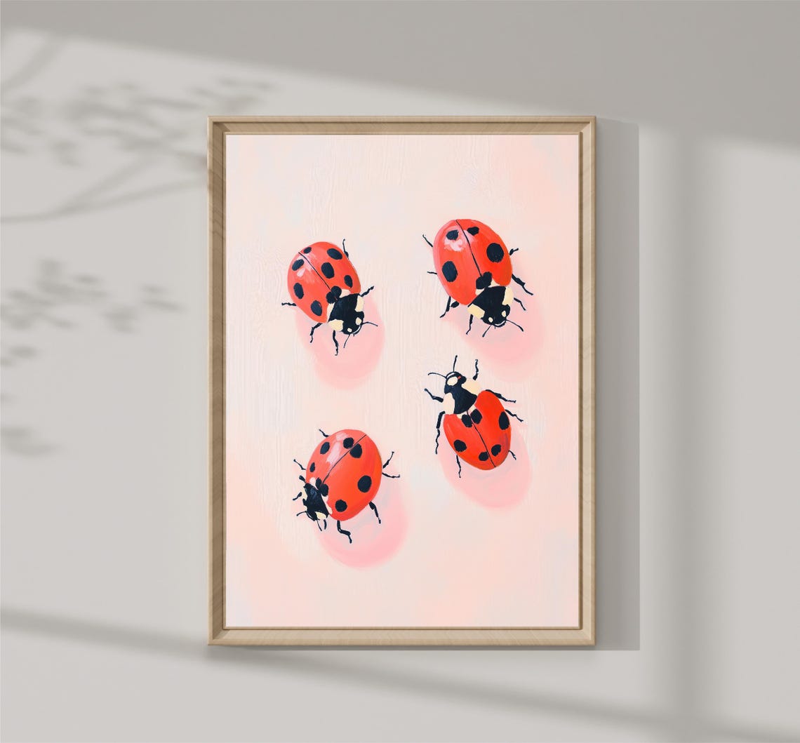 Red Ladybugs Pink Background Cute Insect Playful Nursery Art Print