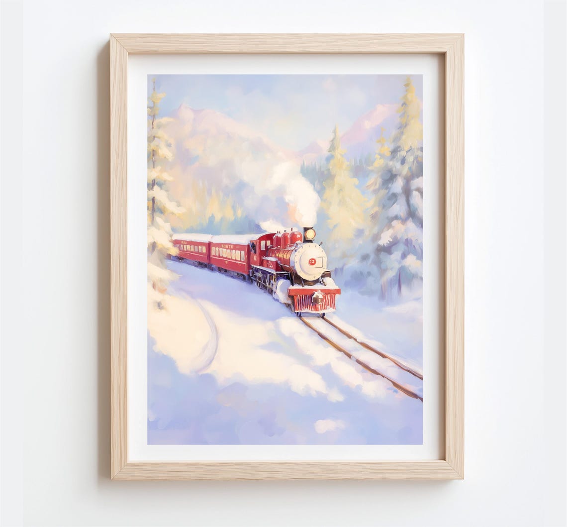 Red Steam Train Snowy Mountains Holiday Express Winter Art Poster - Image 5