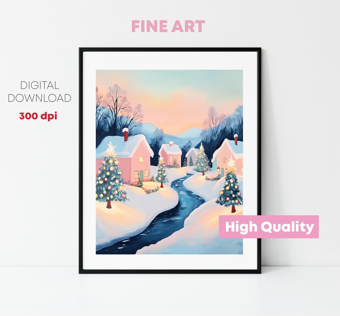 Pink Snowy Christmas Village Cottages River Holiday Scene Poster - Image 3