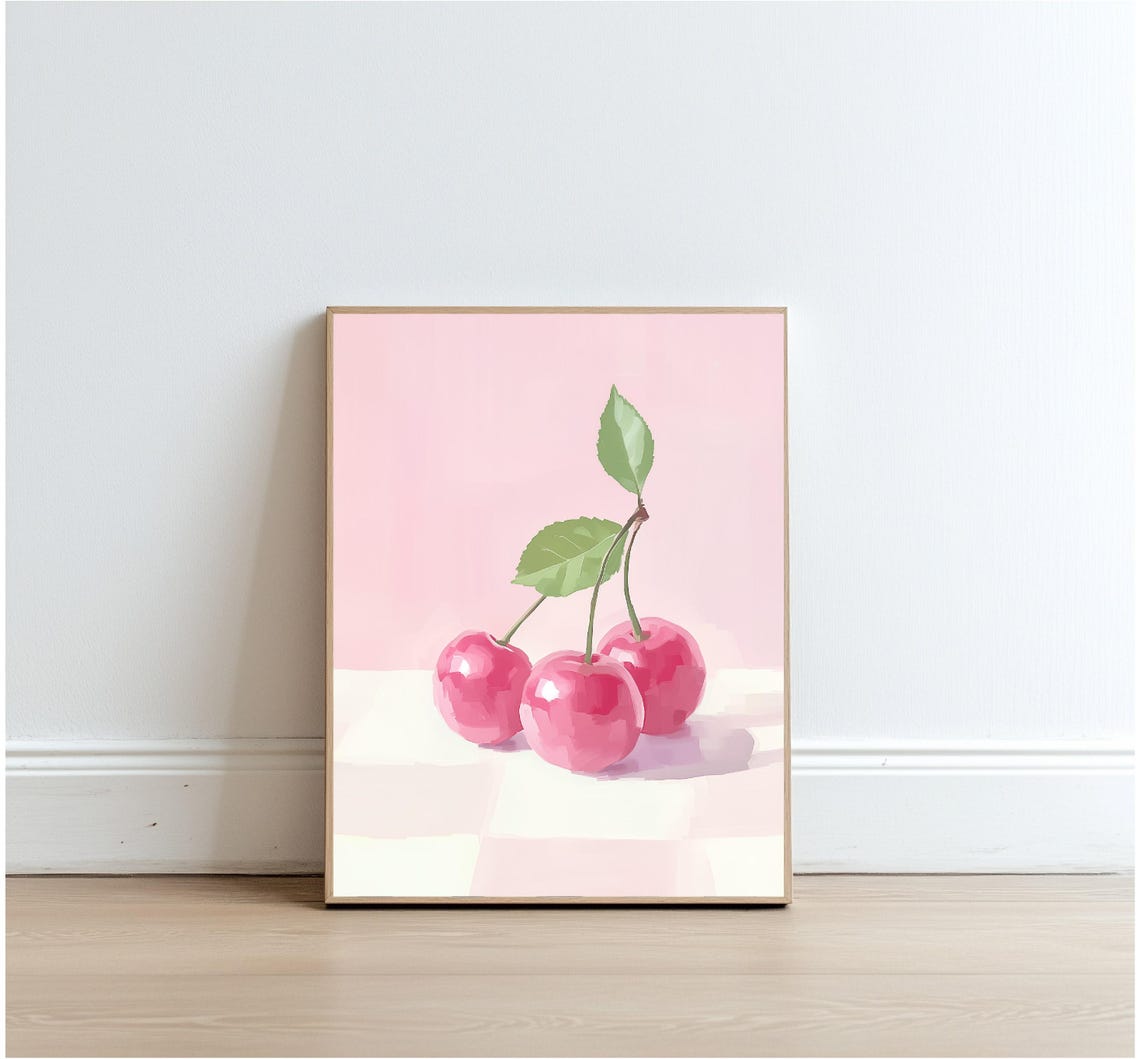 Pink Cherries On Pastel Background Sweet Fruit Kitchen Art Poster - Image 3