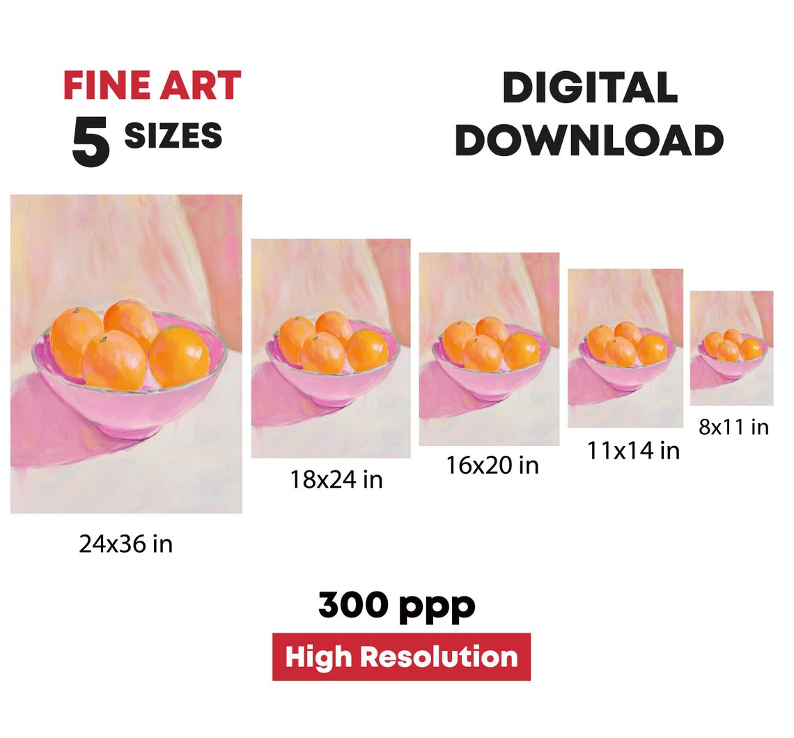 Pastel Oranges In Pink Bowl Sunny Still Life Kitchen Decor Print - Image 4