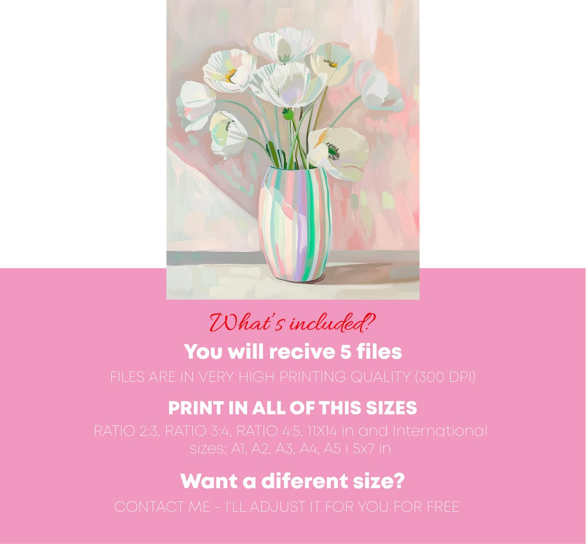 White Poppies In Pastel Striped Vase Floral Still Life Art Poster - Image 5