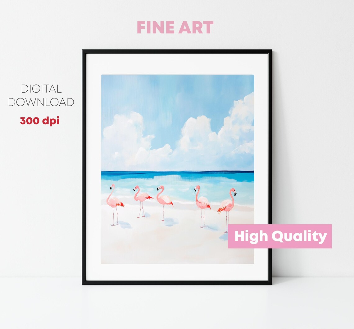 Pink Flamingos On White Sand Beach Turquoise Sea Coastal Art Poster - Image 4