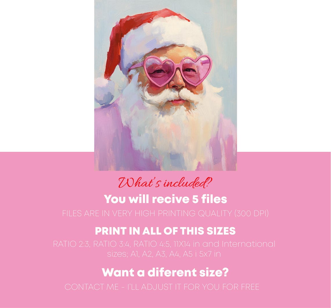 Painting Of Pink Santa Claus Portrait Pink Christmas Art Print Christmas Home Decoration Christmas Card - Image 5