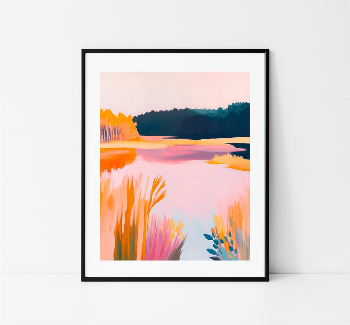 Pink Sunset Marsh Lake With Reeds Autumn Wetland Nature Print - Image 3