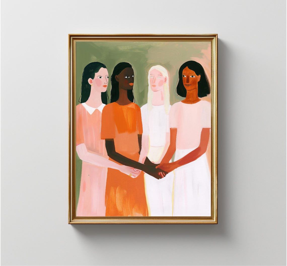 Four Diverse Women Friends Holding Hands Modern Illustration Print - Image 3