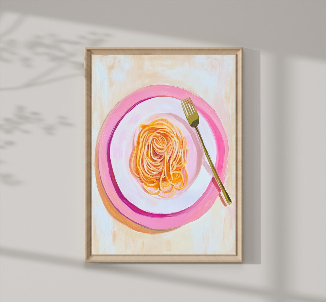 Spaghetti Pasta Nest Pink Plate Fork Pastel Italian Food Art Print