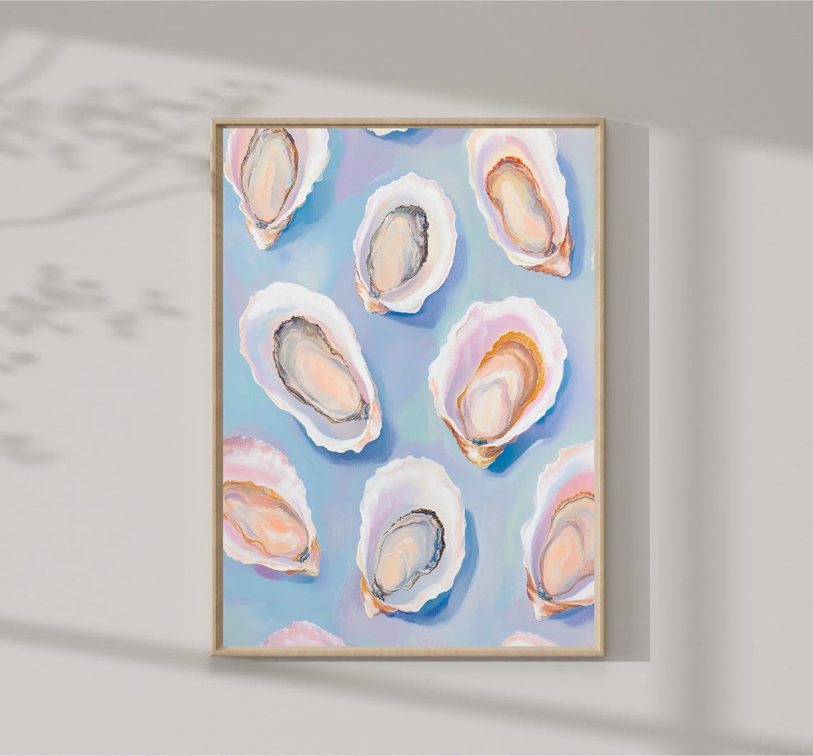 Oyster Shell Pattern On Blue Background Coastal Kitchen Art Print