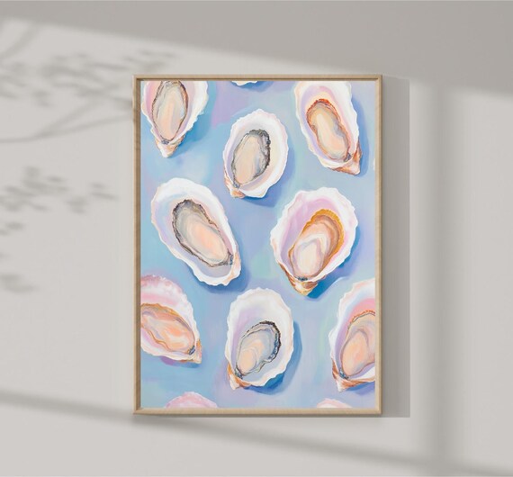 Oyster Shell Pattern On Blue Background Coastal Kitchen Art Print