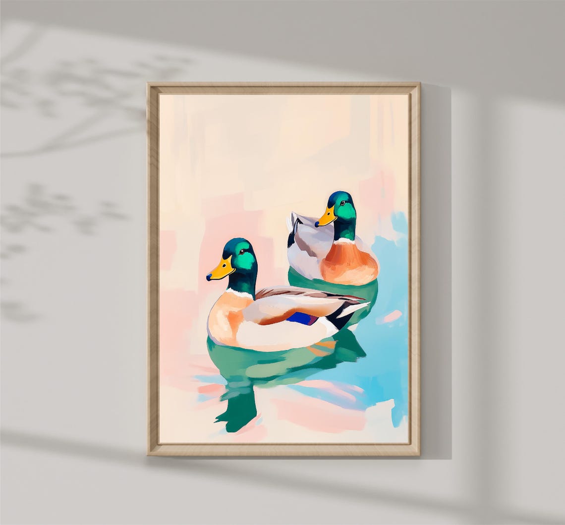Two Mallard Ducks Swimming Pastel Pond Modern Animal Painting Print