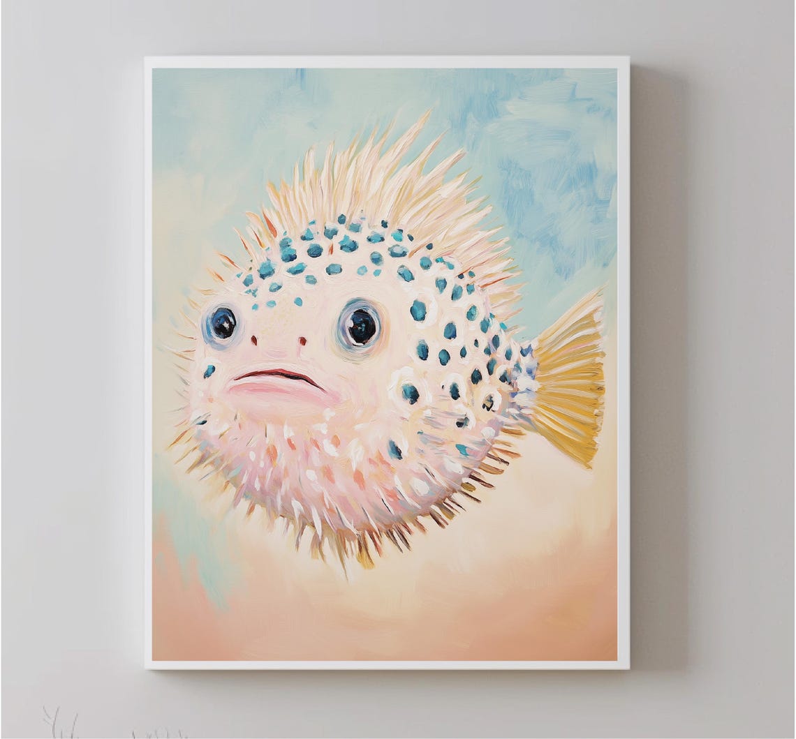 Cute Spotted Pufferfish Portrait Pastel Watercolor Nursery Art Print - Image 5