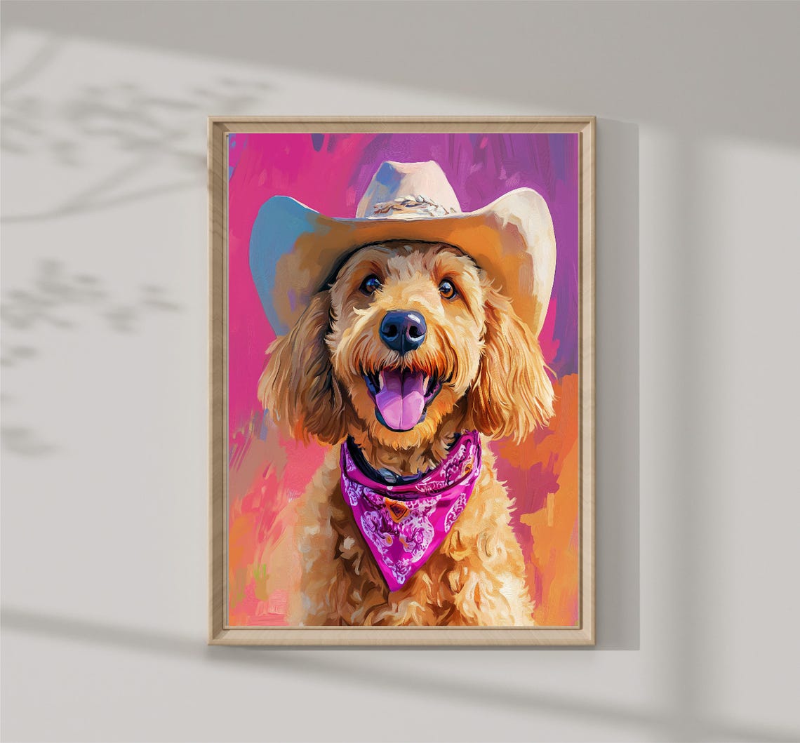 Golden Doodle Cowboy Hat Pink Bandana Pop Art Dog Portrait Poster