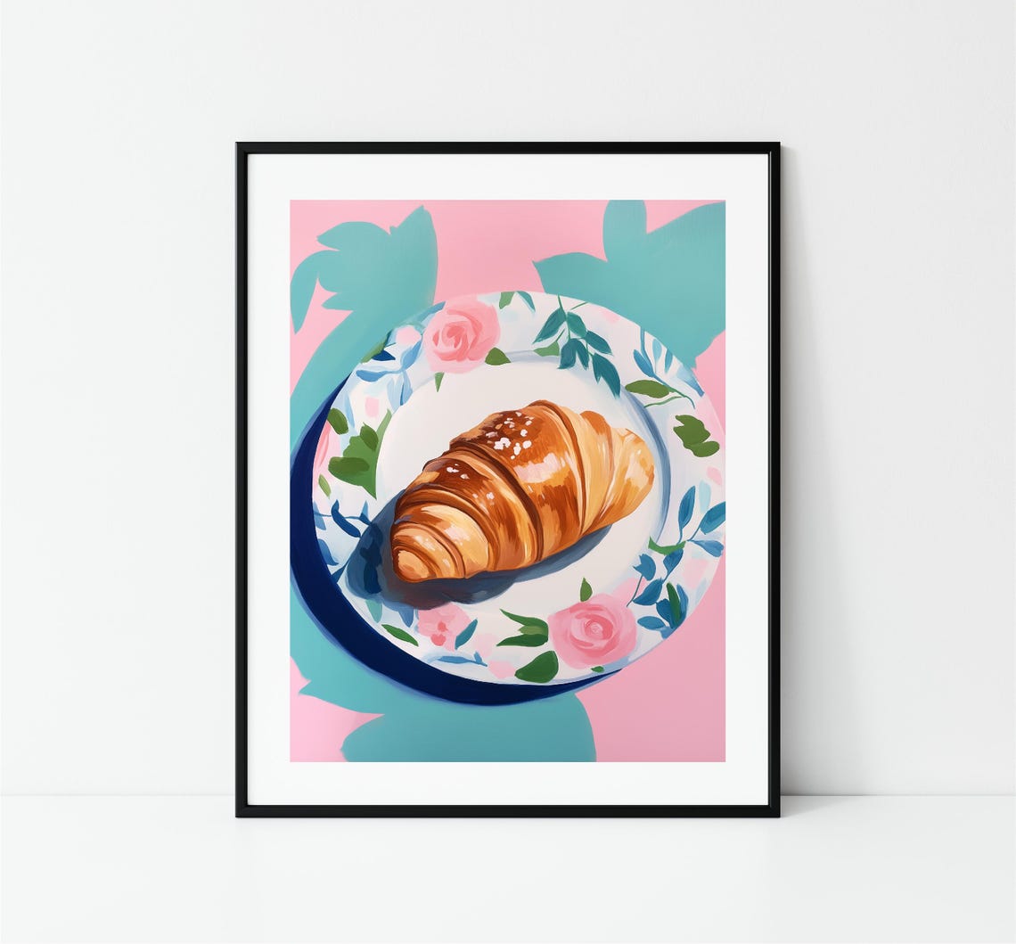 Golden Croissant Floral Plate French Breakfast Pink Pop Wall Art - Image 3