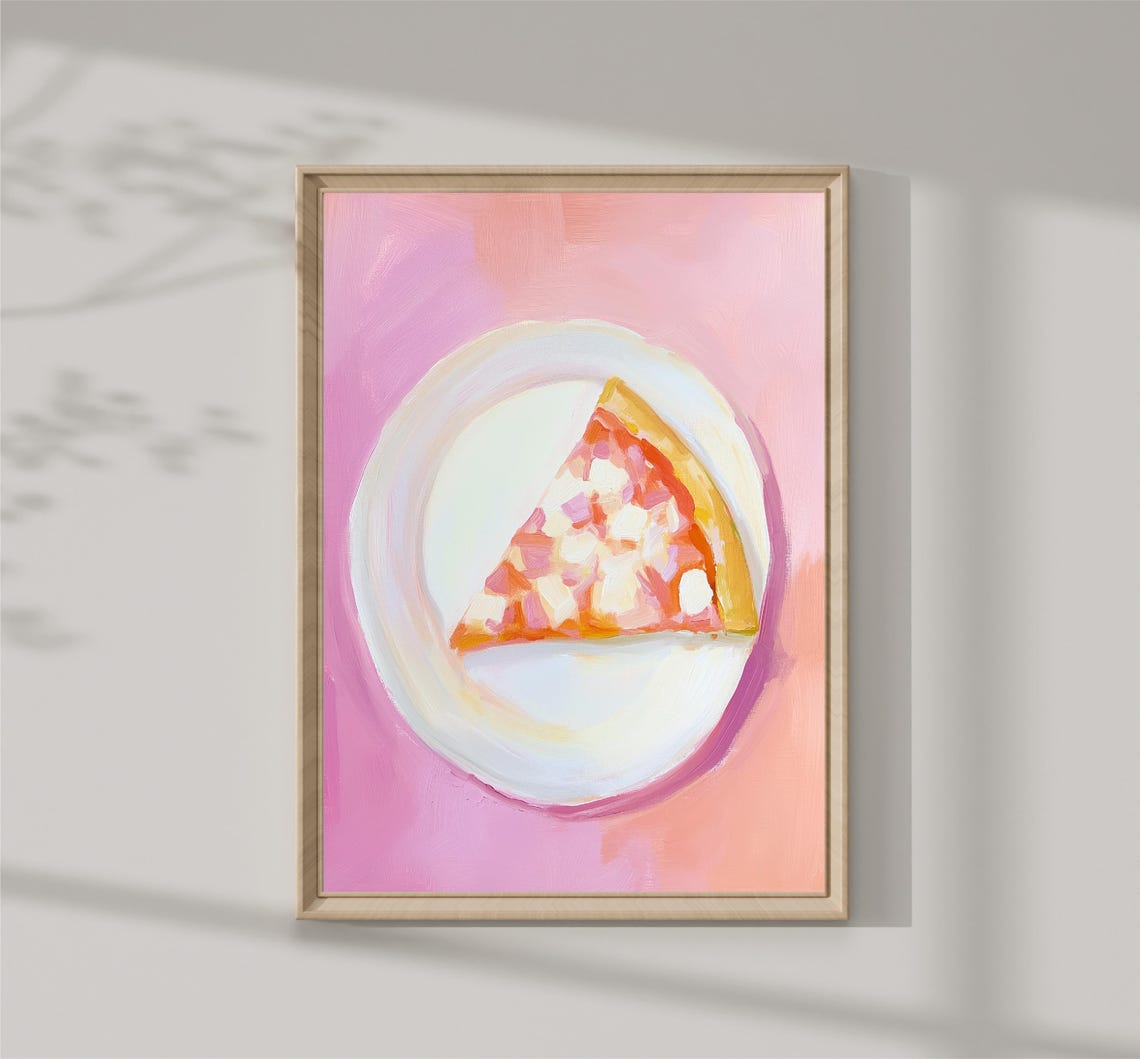 Pizza Slice White Plate Pink Background Playful Food Art Print