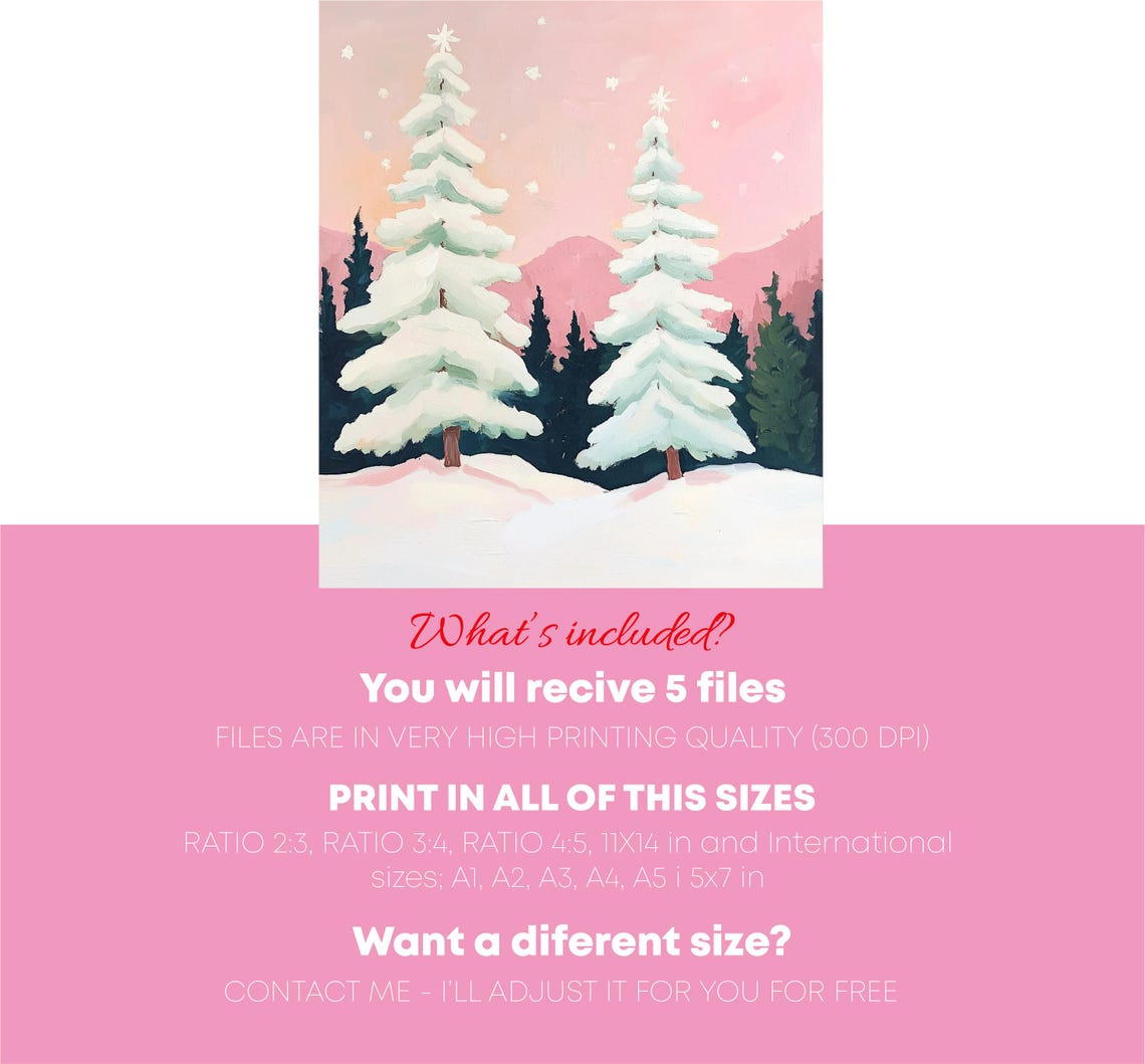 Snowy Pink Christmas Trees With Stars Winter Landscape Art Poster - Image 2