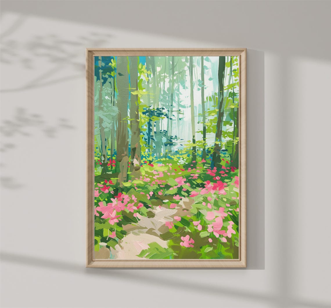 Sunlit Forest Path Pink Wildflowers Impressionist Nature Poster