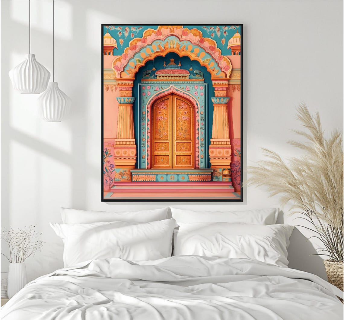 Jaipur India Palace Door Illustration Teal Peach Arches Travel Poster - Image 4