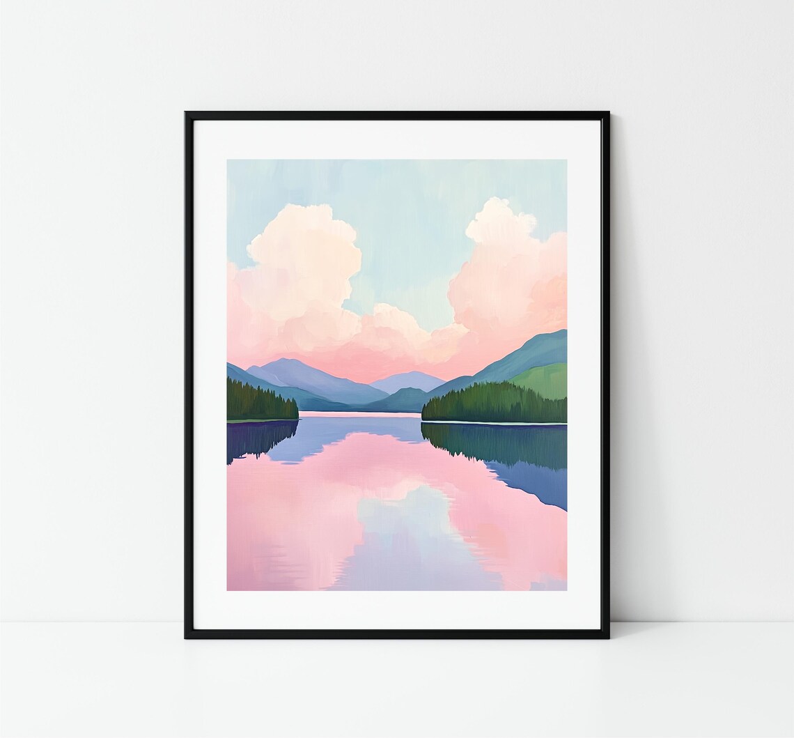 Pink Clouds Reflected In Mountain Lake Mirror Water Nature Print - Image 3
