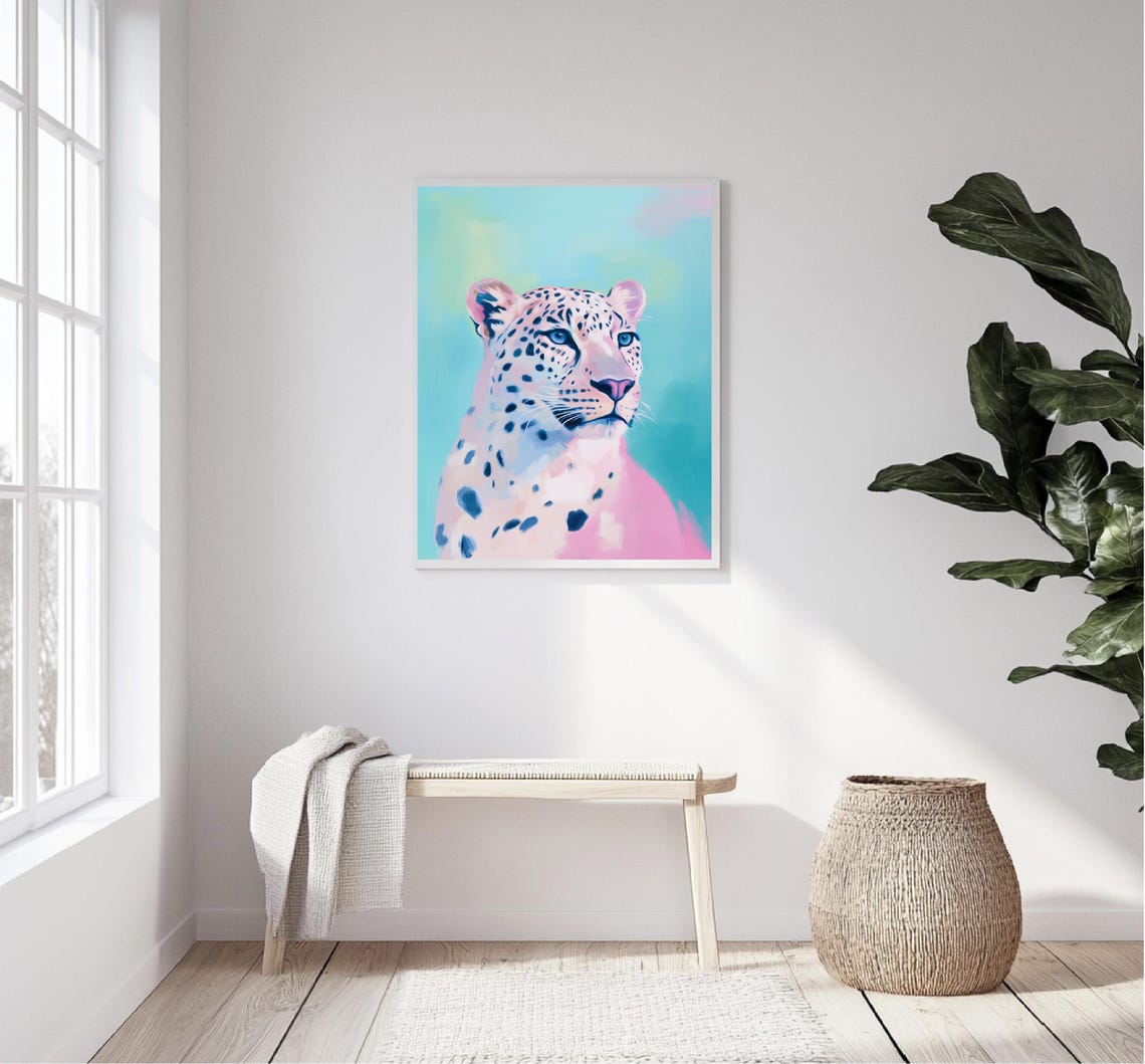 Pink Leopard Portrait Spotted Big Cat Teal Background Animal Wall Art - Image 5