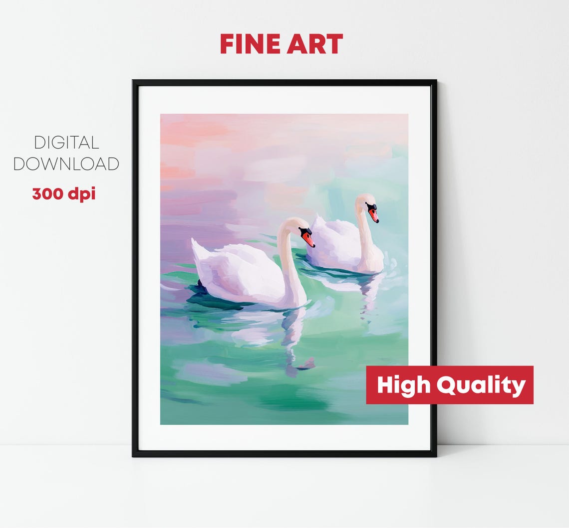 White Swans Pair Pastel Lake Dreamy Water Serene Nursery Wall Art - Image 2