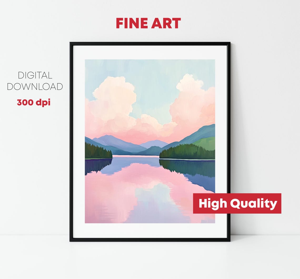Pink Clouds Reflected In Mountain Lake Mirror Water Nature Print - Image 2