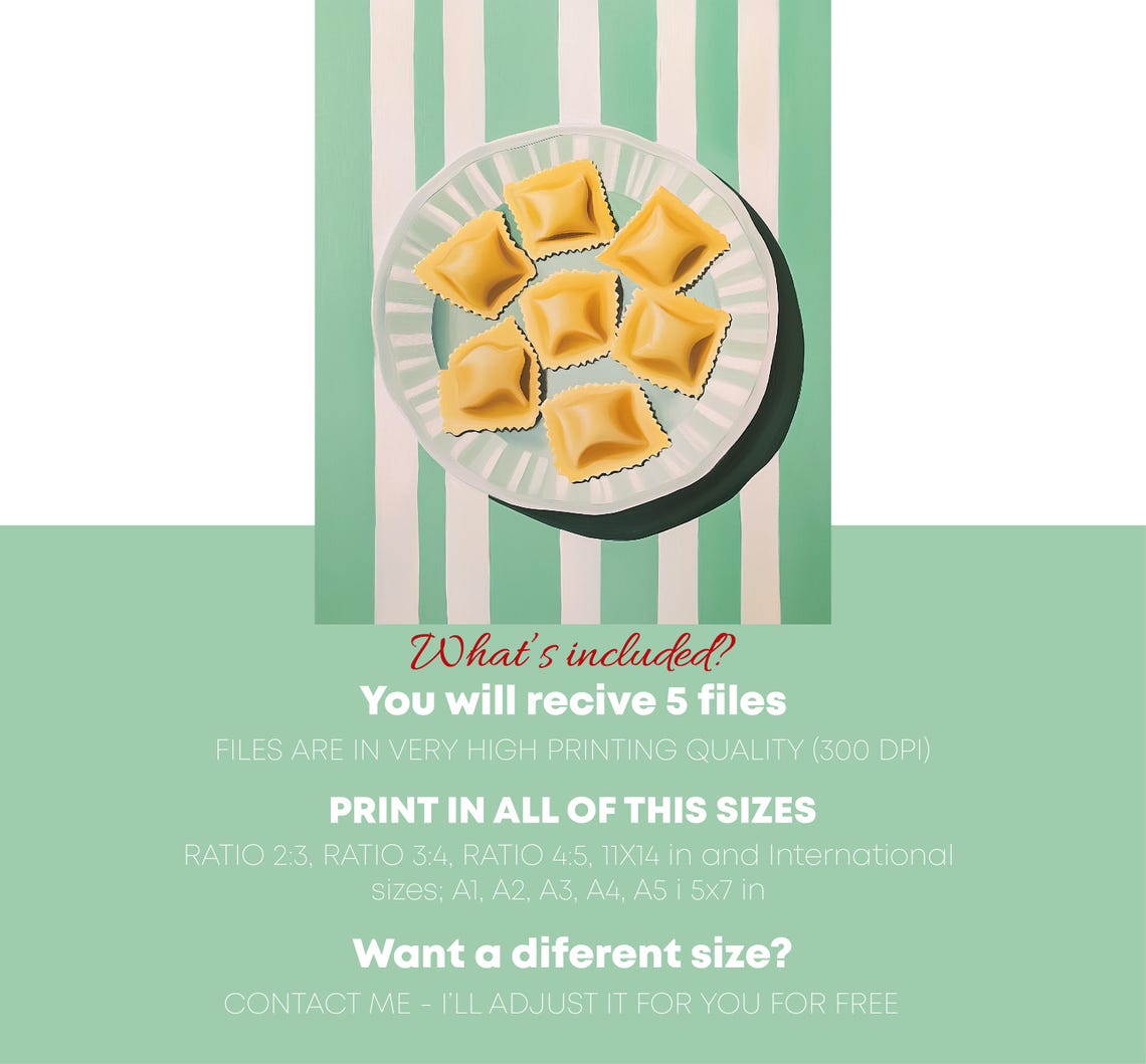 Ravioli On Striped Plate Green Background Italian Kitchen Art Poster - Image 2