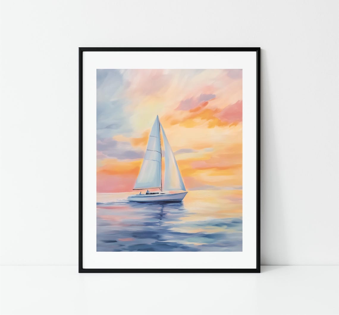 Sailboat At Sunset Pastel Orange Sky Serene Nautical Seascape Poster - Image 3