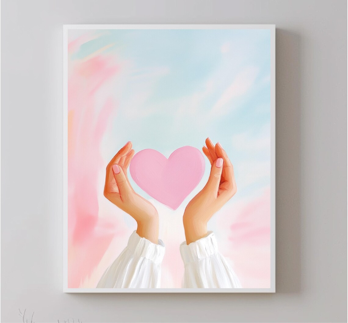 Hands Holding Pink Heart Pastel Watercolor Sky Love Wall Art Poster