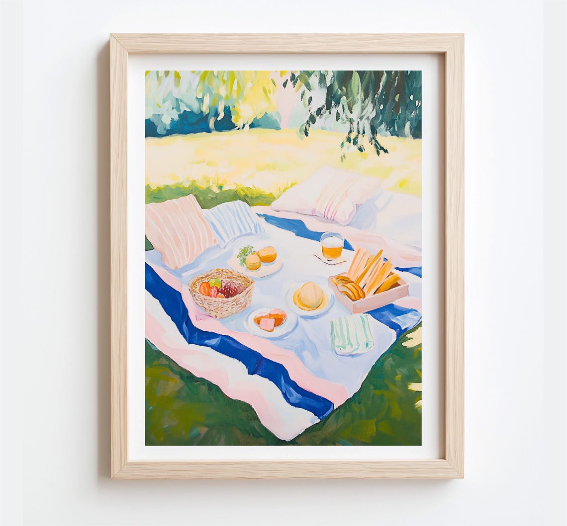 Sunny Summer Picnic Blanket Feast Park Meadow Painting Wall Poster - Image 4