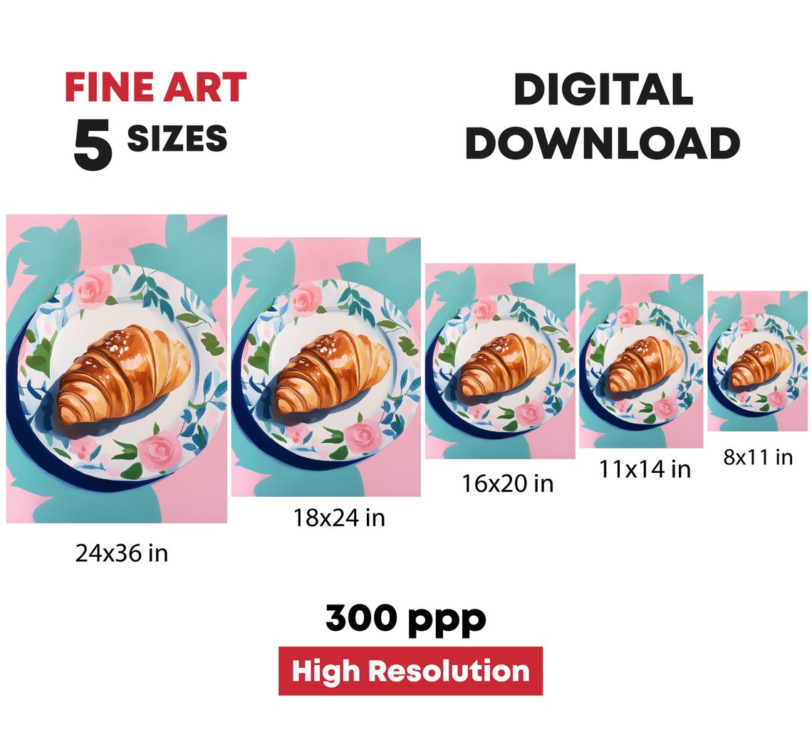Golden Croissant Floral Plate French Breakfast Pink Pop Wall Art - Image 4