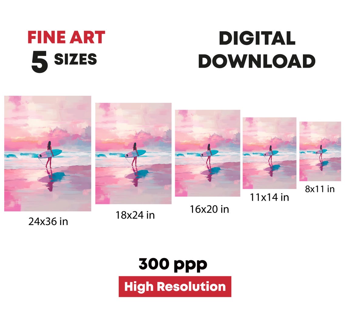 Woman Surfer Pink Beach Sunset Ocean Board Coastal Girl Art Poster - Image 4
