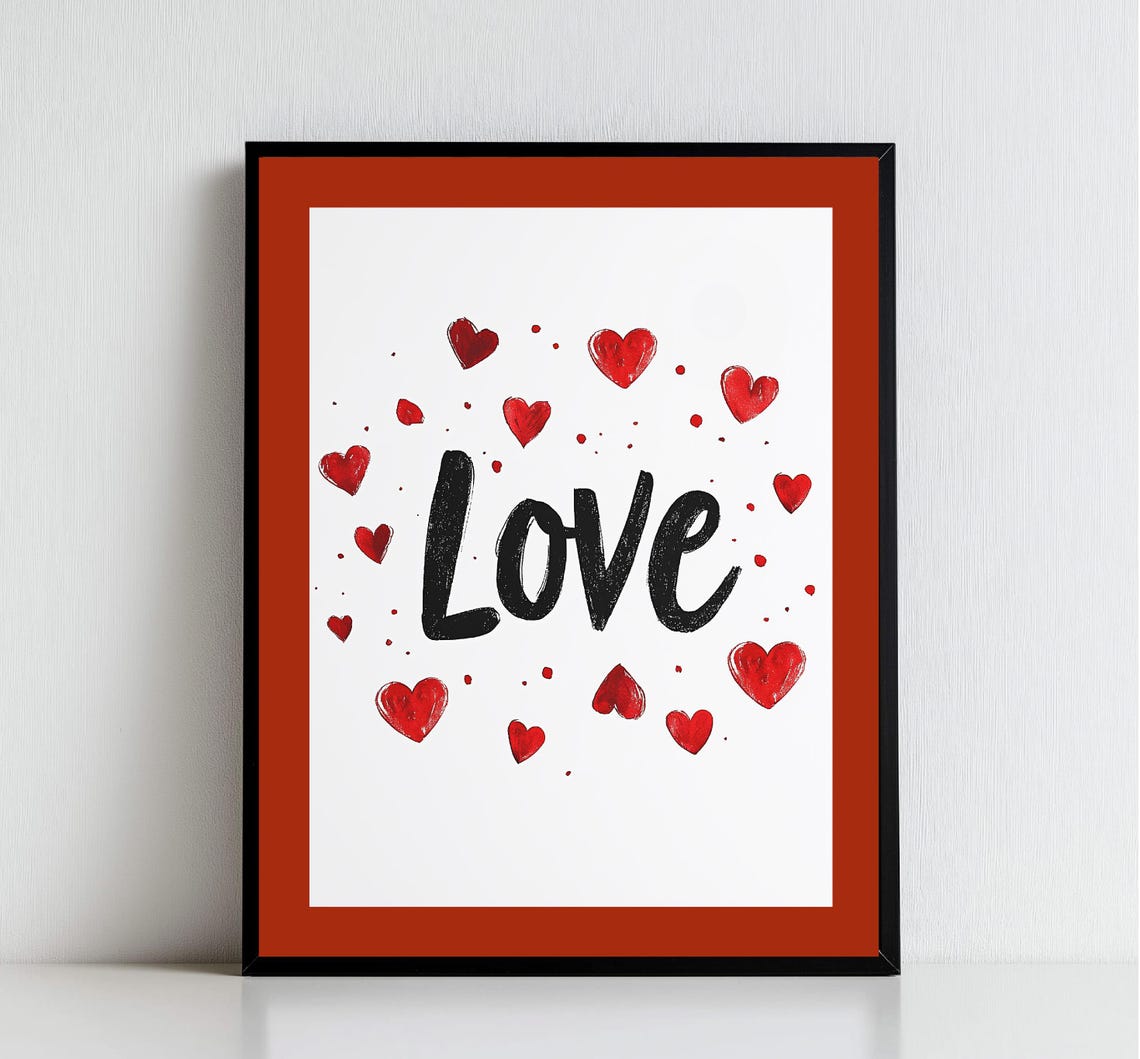Bold Love Script Typography Red Watercolor Hearts White Poster - Image 6