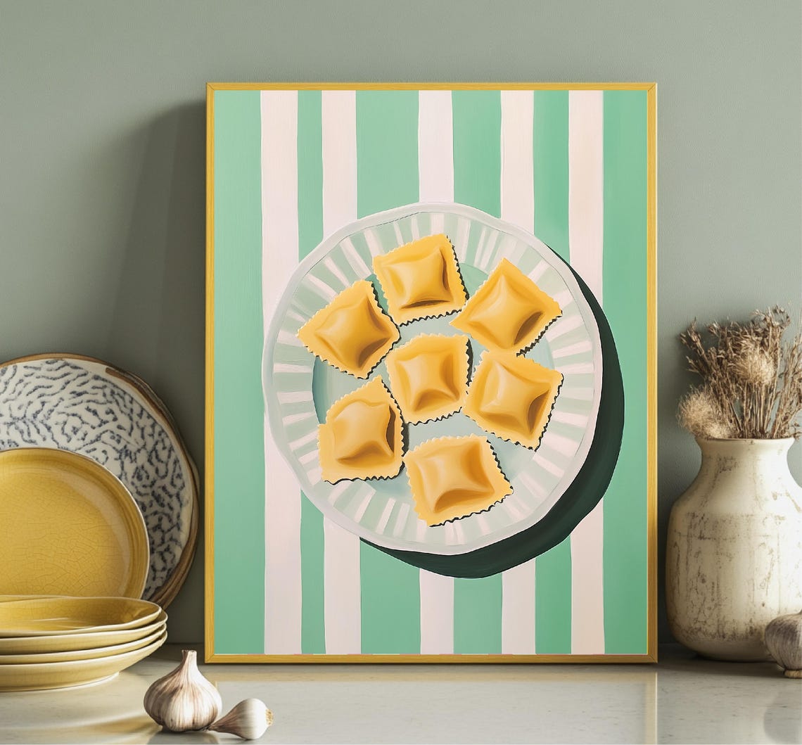 Ravioli On Striped Plate Green Background Italian Kitchen Art Poster - Image 3