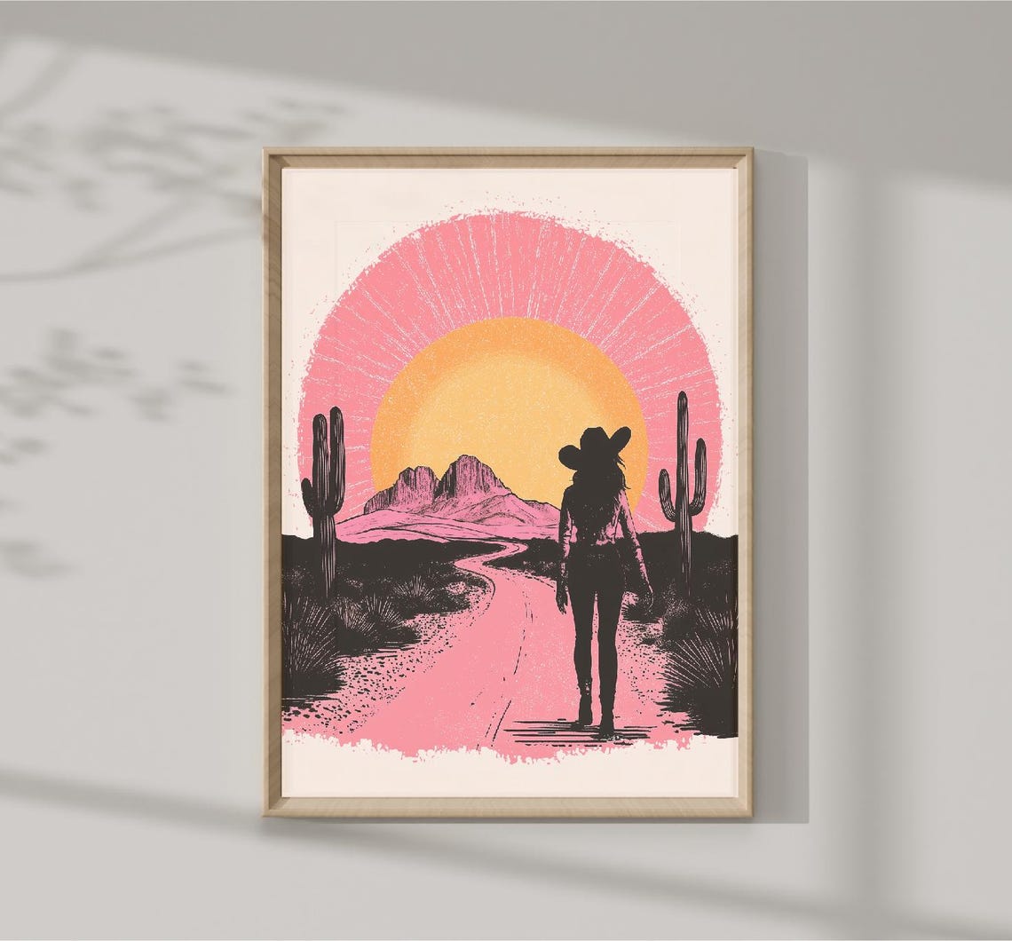 Cowgirl Silhouette Desert Sunset Cactus Pink Western Art Print