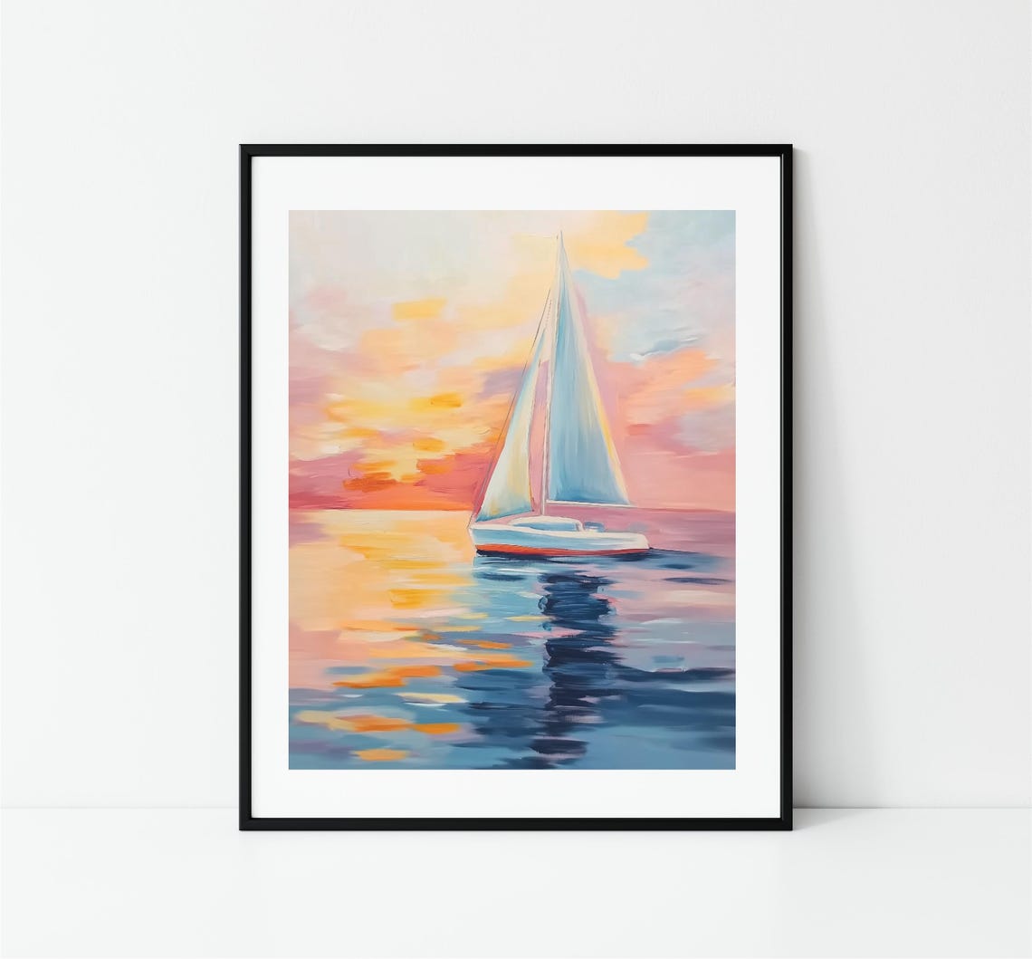 Sailboat Sunset Reflection Pink Sea Impressionist Nautical Poster - Image 3