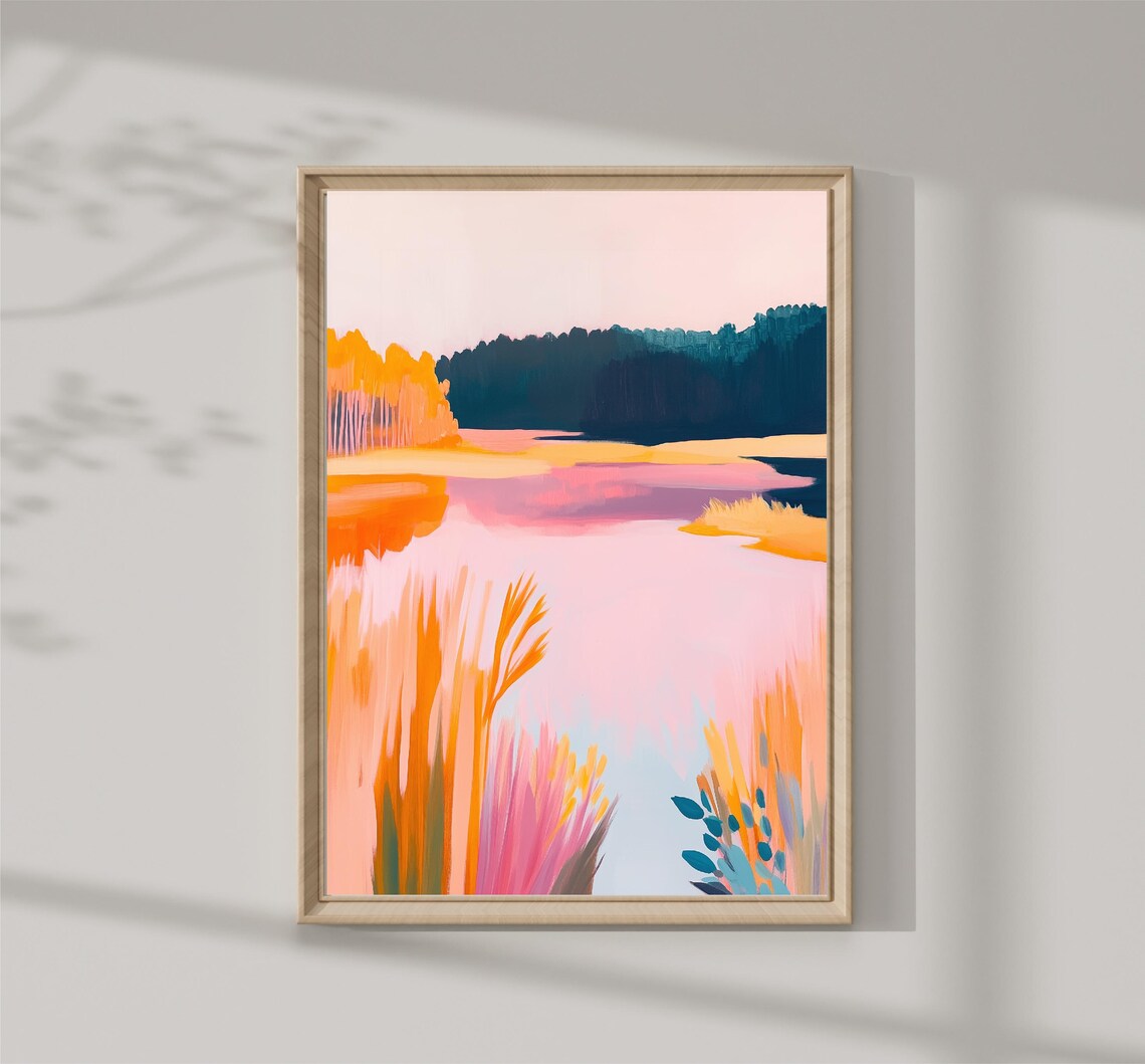 Pink Sunset Marsh Lake With Reeds Autumn Wetland Nature Print