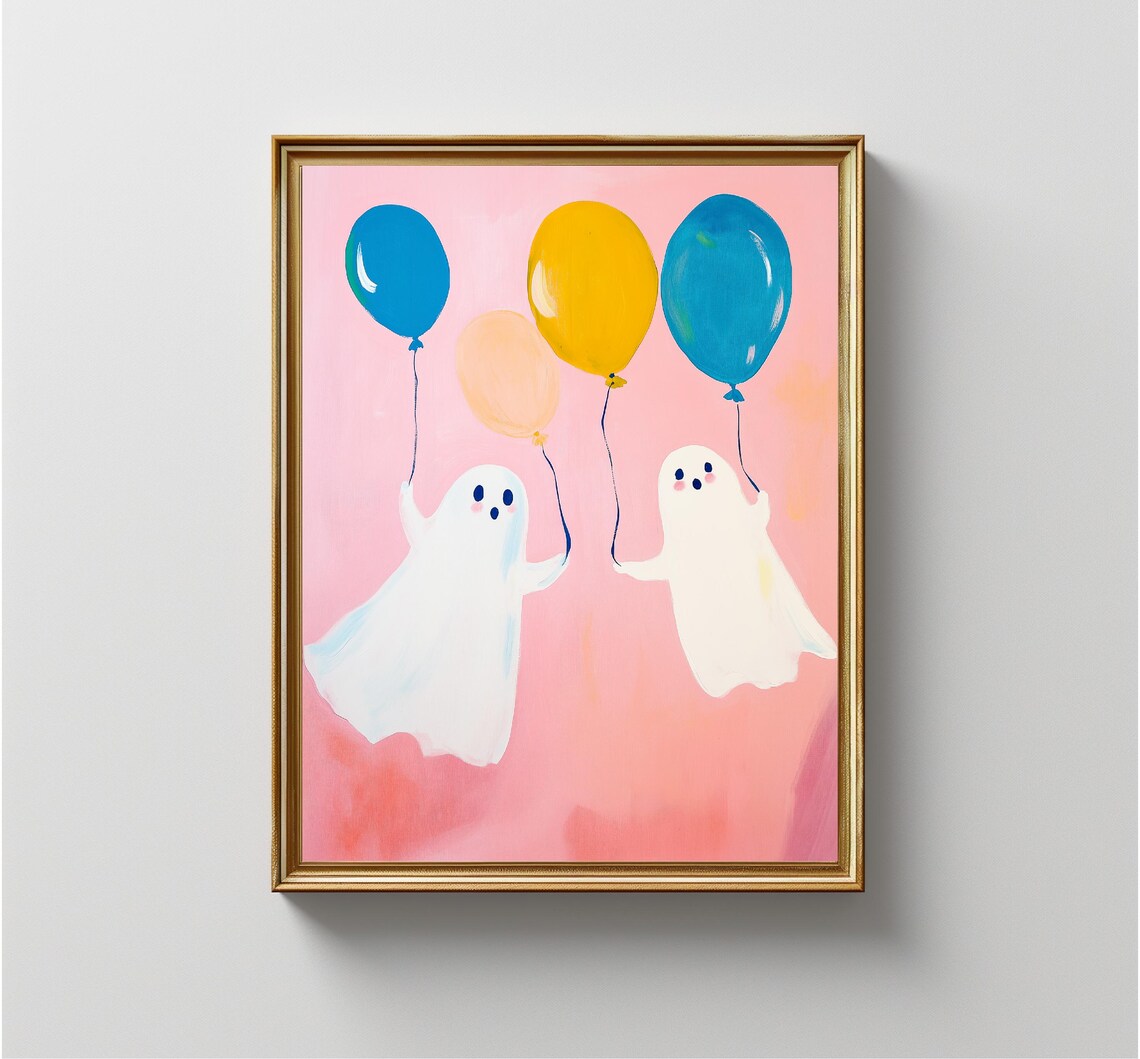 Cute Pink Ghosts Holding Balloons Pastel Halloween Party Wall Art Print - Image 4