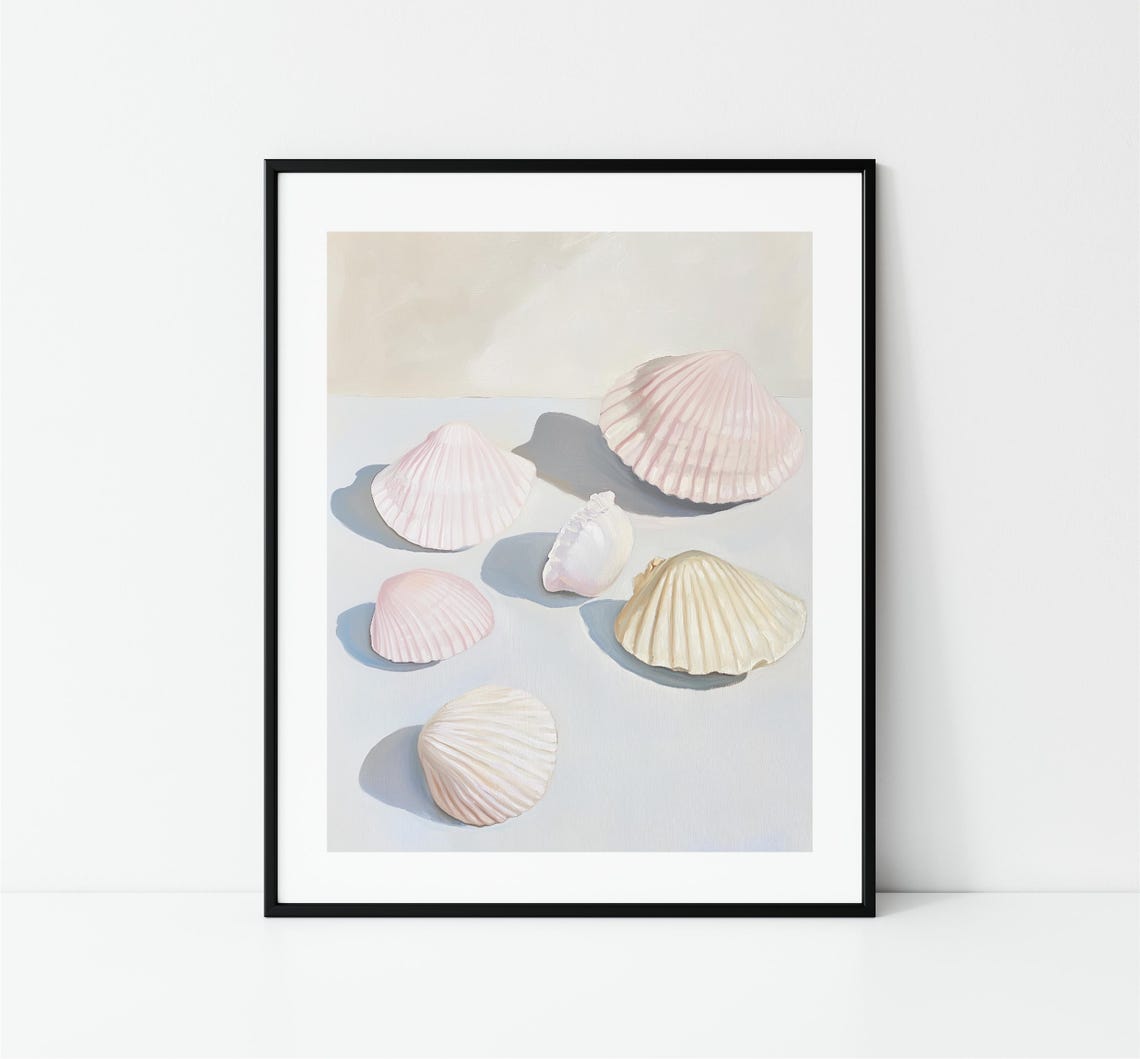 Blush Pink Scallop Shells Sunlit White Table Coastal Beach Print - Image 3
