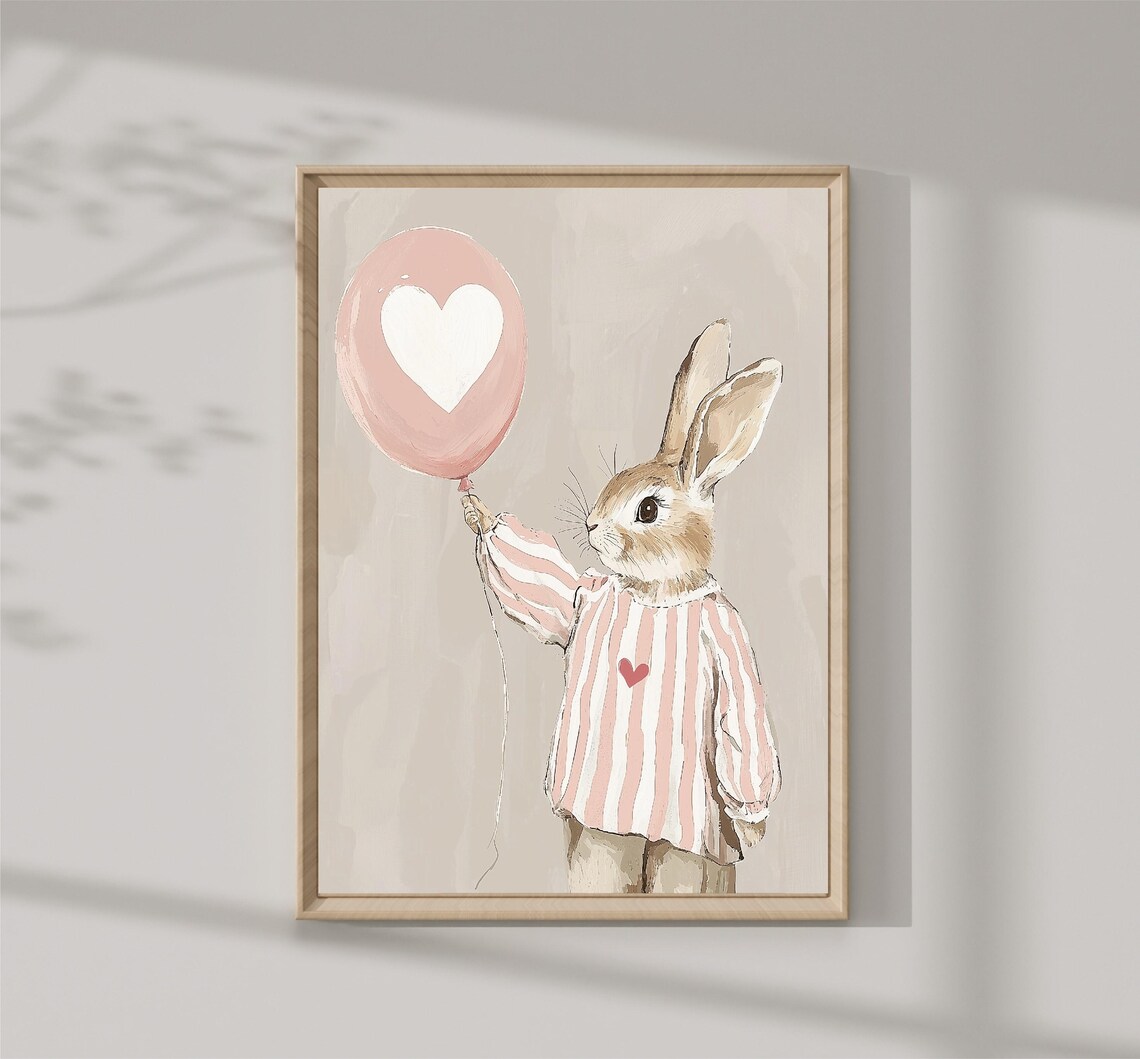 Bunny Rabbit Holding Pink Heart Balloon Watercolor Kids Wall Art - Image 2