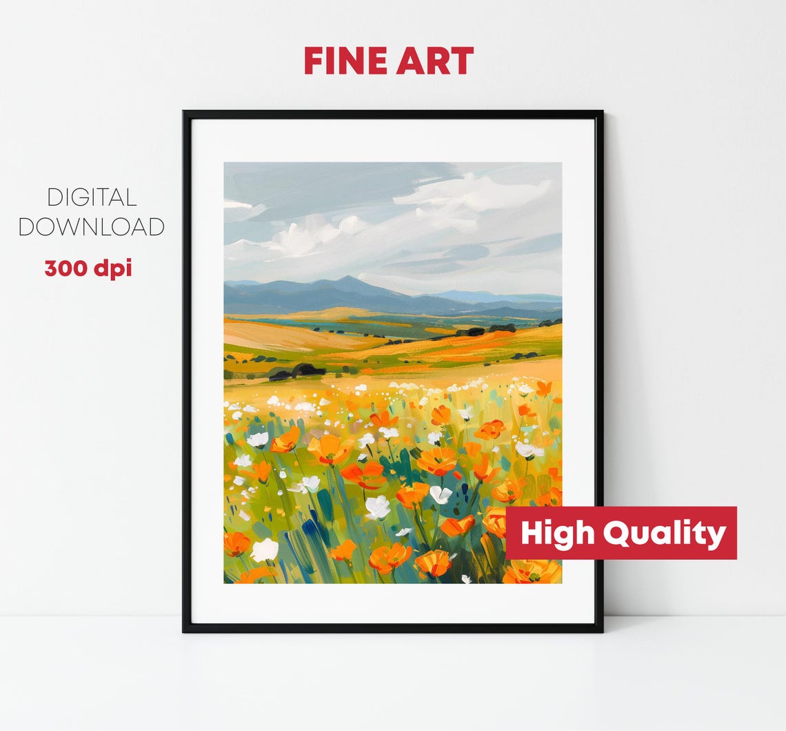 Wildflower Meadow Orange Poppies Mountain View Spring Landscape Poster - Image 2