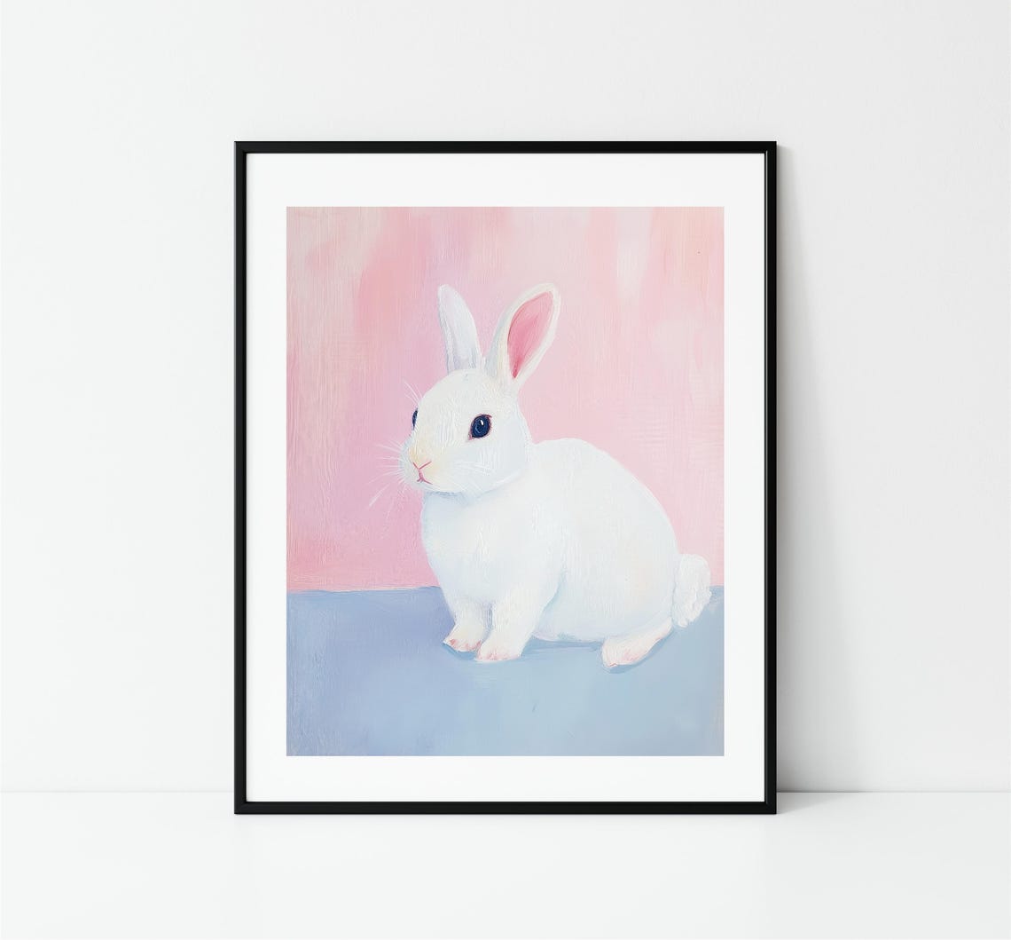 Cute White Bunny Rabbit Pink Blue Pastel Nursery Kids Room Print - Image 3