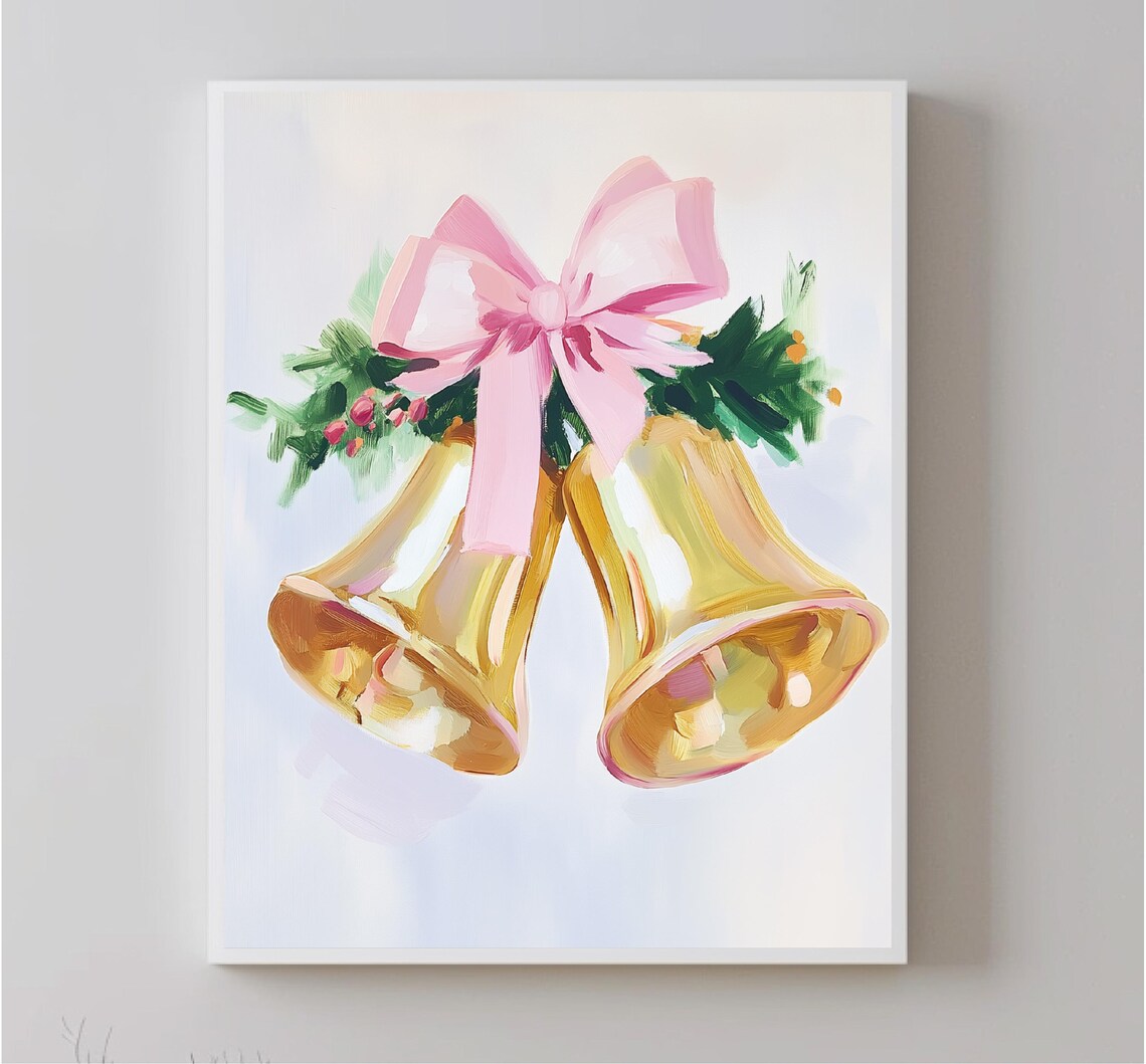 Golden Christmas Bells Pink Bow Greenery Holiday Jingle Art Print