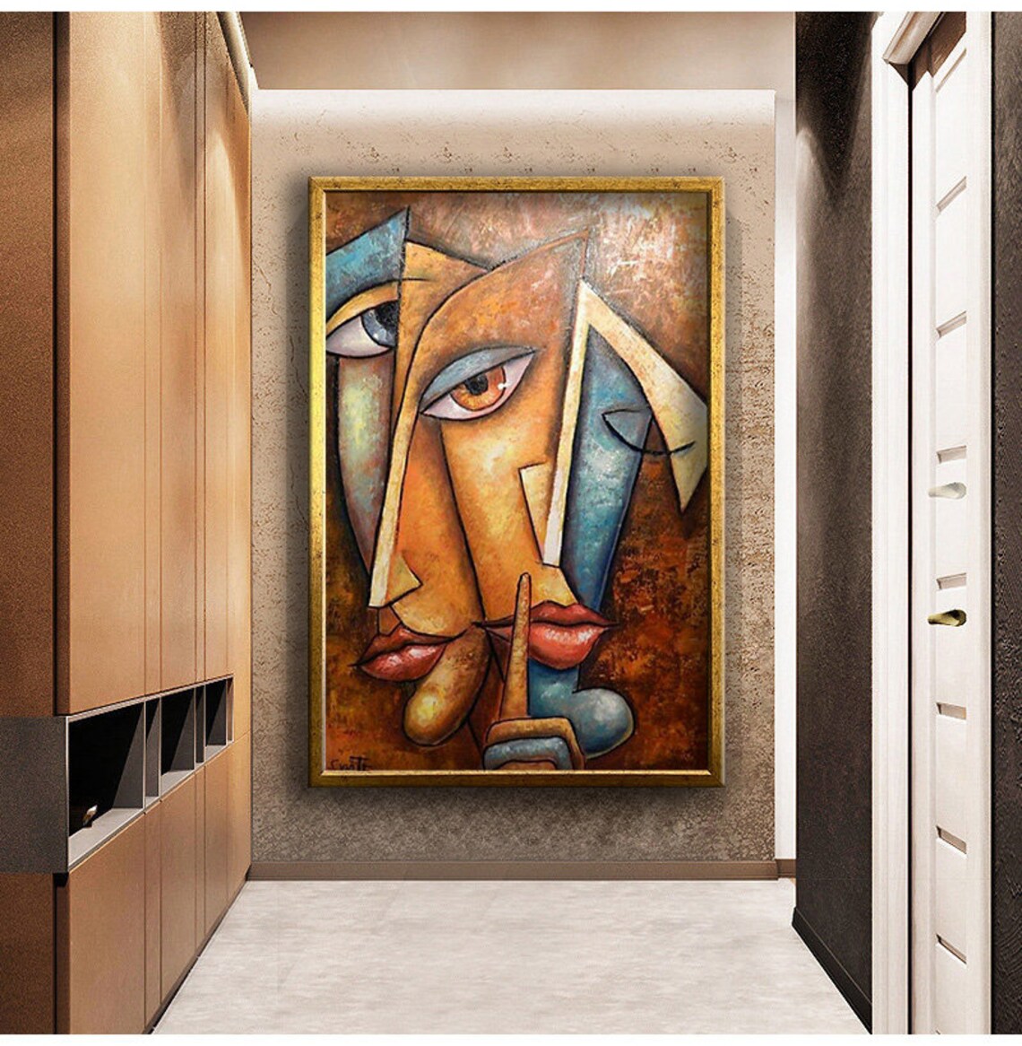 Cubist Abstract Woman Face Painting Silence Gesture Modern Art Wall Poster
