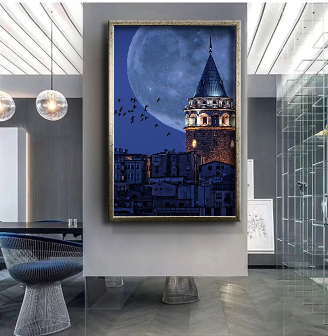 Istanbul Turkey Galata Tower Giant Full Moon Night Sky Poster - Image 4