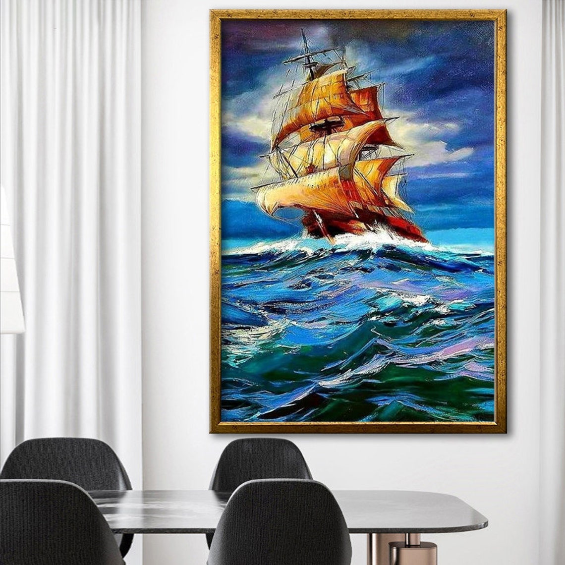 Tall Ship Golden Sails Stormy Blue Waves Nautical Oil Poster - Image 4