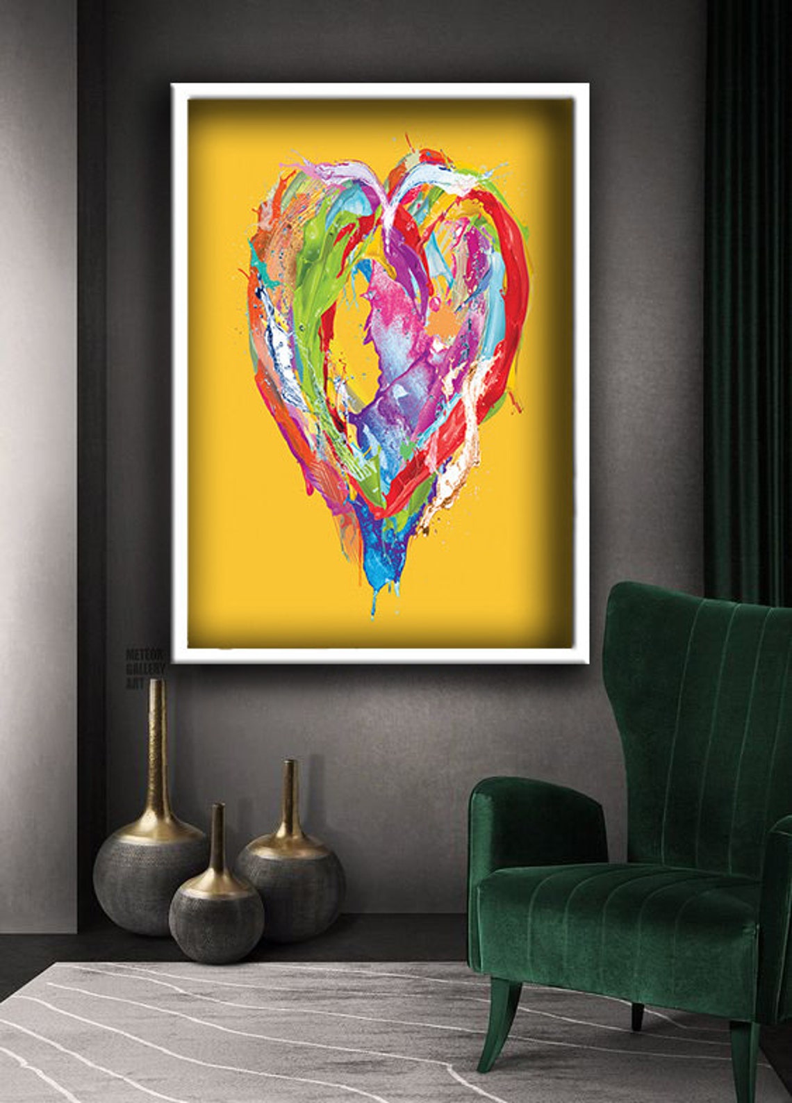 Colorful Abstract Paint Stroke Heart On Yellow Background Wall Art - Image 2